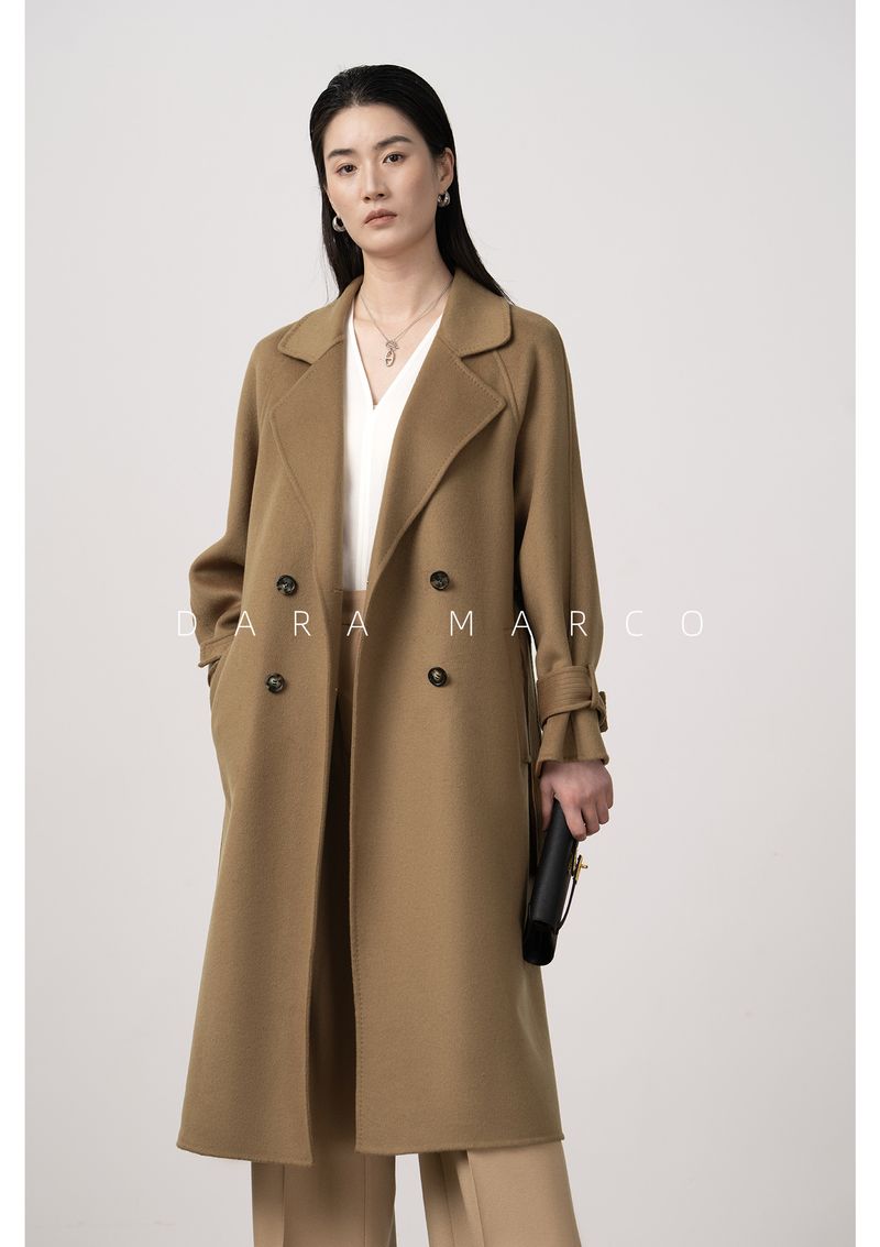 Trench double-face di lusso in misto cashmere e seta per donna – Elegante design con spalle scese, cappotto lungo aderente con drappeggio lusinghiero_voghion.com