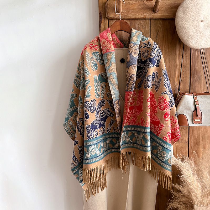 2024 Stile etnico Foglie di piante combinate con cavalli Viaggio Pendolarismo Moda esterna Sciarpa di cashmere Scialle per_voghion.com