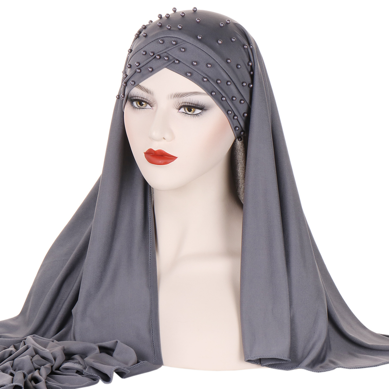 Damenhüte Neuer einfarbiger Baotou-Schal und Mütze aus Milchseide mit Kreuzperlen, zweiteiliger Hijab mit modischem Aufnäher für Damen_voghion.com