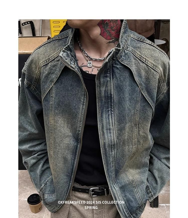 Men's Clothing Retro Deconstructed Raw Edge Washed Denim Jacket Street Zipper Stand Collar Motorcycle Jacket Short Tassel_voghion.com