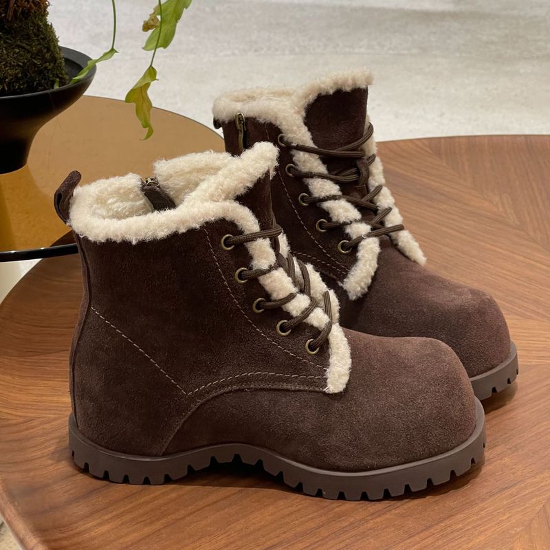 2024 Herbst und Winter Samt Rundkopf Mattierter Lederbezug, Höherer Schornstein, Lässiger Schneeschuh, Baumwolle_voghion.com