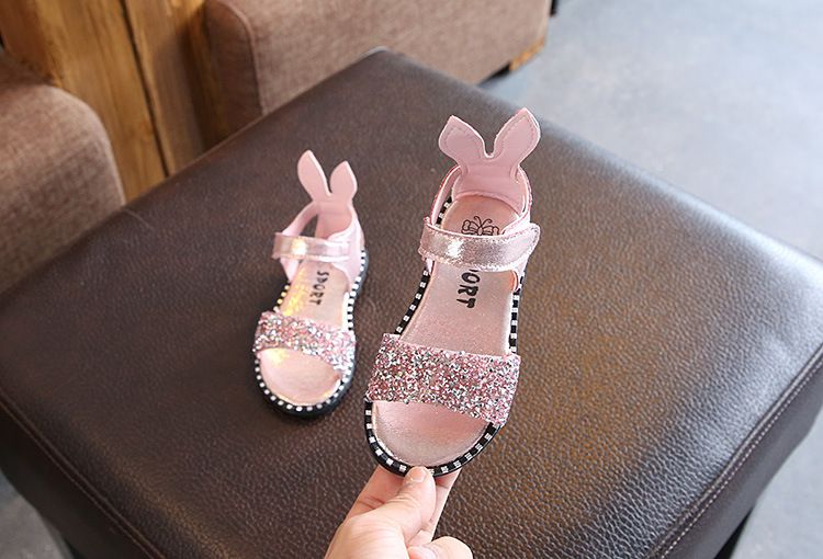 Sandalias con orejas de conejo de verano para niñas de 1 a 12 años, bolso de zapatos romano con diamantes de imitación y lentejuelas, punta expuesta media y grande_voghion.com
