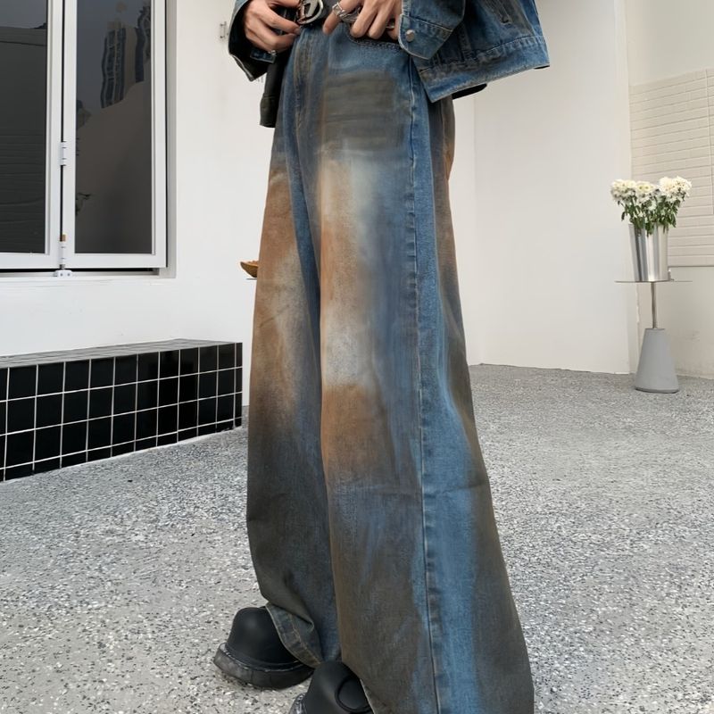 Pánské oblečení Niche Retro Wasteland Destruction Džínová bunda Muži a ženy Heavy Mixed Color Distressed Jacket Jeans Suit Trend_voghion.com