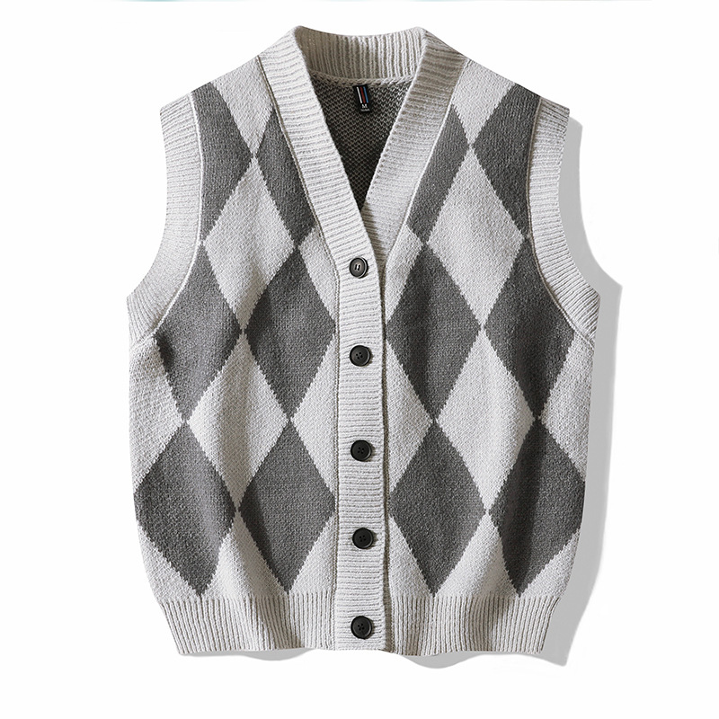 Autumn V-Neck Sleeveless Button Short Loose Versatile Black Diamond Knit Cardigan Vest For Men_voghion.com