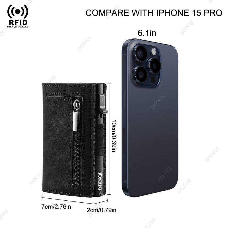 Cartera automática para hombre con tarjetero emergente, ultrafina, RFID, antirrobo, con cremallera y tarjetero metálico._voghion.com