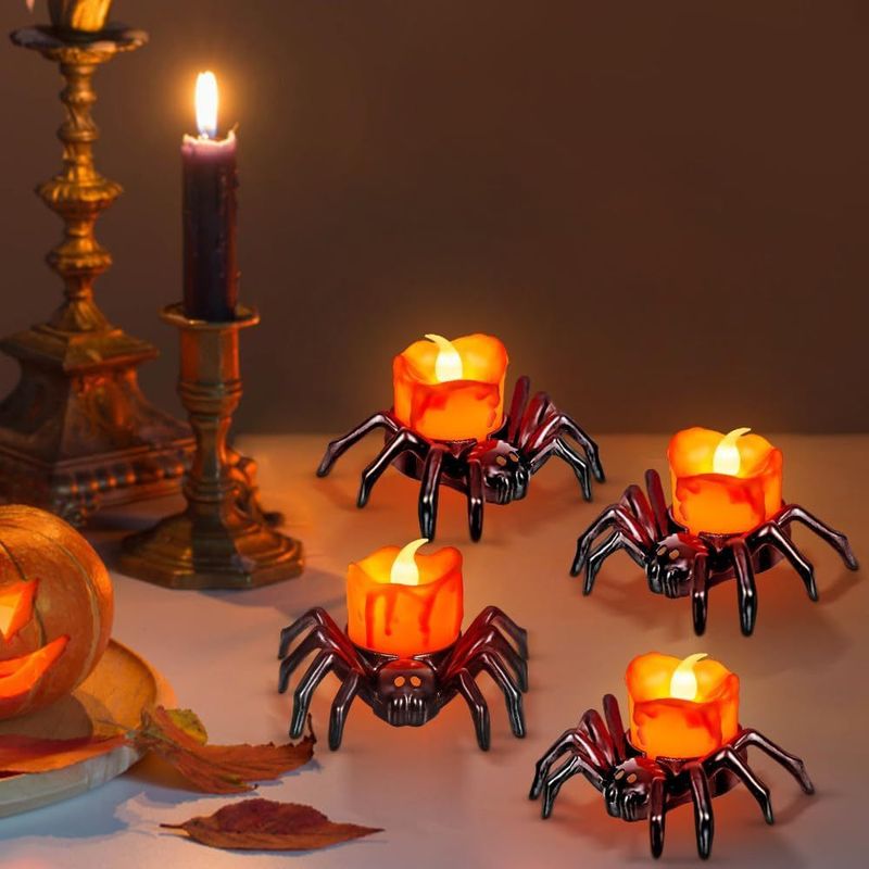 4 Stück Halloween-LED-Kürbislichter mit leuchtender Spinne – batteriebetriebene, energiesparende Dekokerzen für den Innenbereich_voghion.com