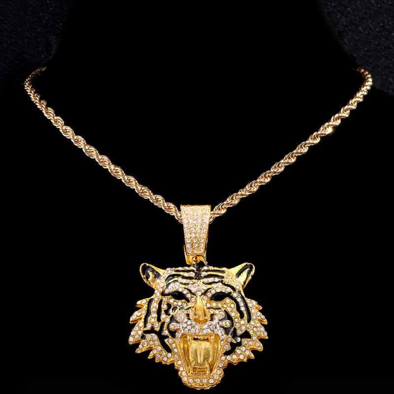 Hip Hop Iced Out Cuban Link Chains For Men Tiger Pendant Necklace Bling Crystal Cuban CZ Stainless Steel Chain Necklaces_voghion.com