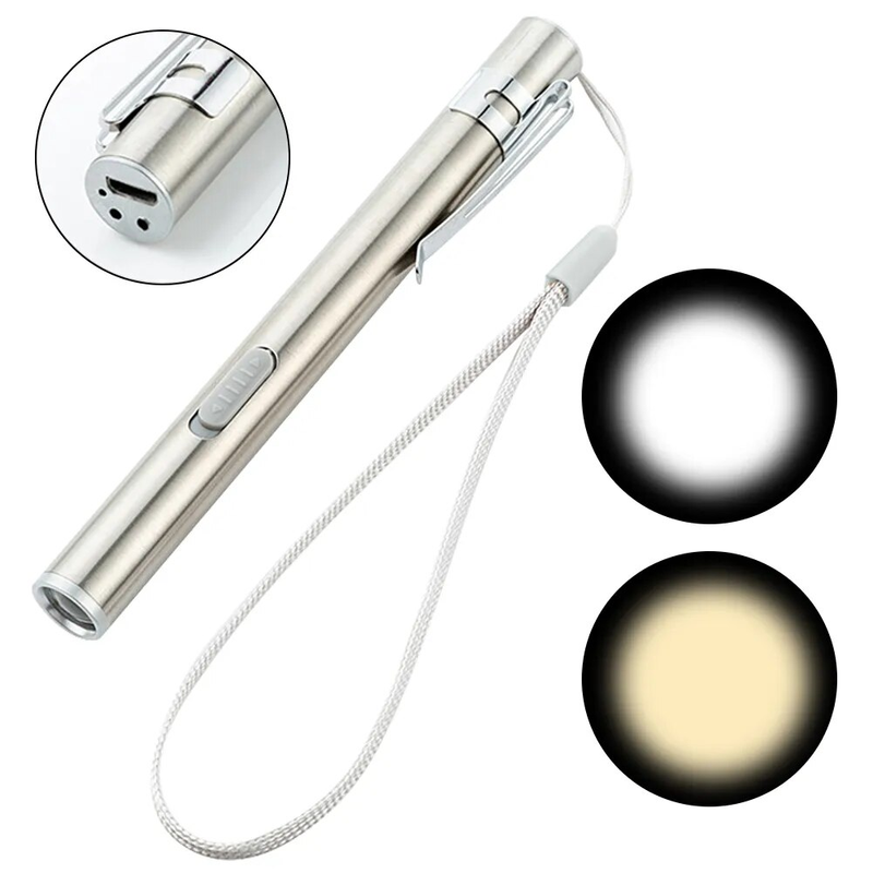 USB wiederaufladbare weiße/gelbe Licht-Mini-Taschenlampe, tragbare Pflege-Taschenlampe mit Stiftclip, Tasche für Campingärzte aus Edelstahl_voghion.com