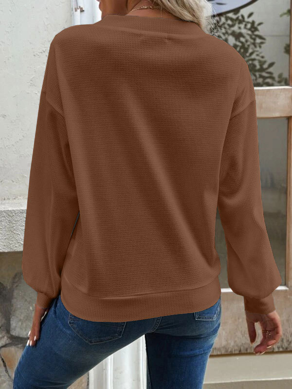 Women's solid color button-down V-neck loose long-sleeved T-shirt_voghion.com