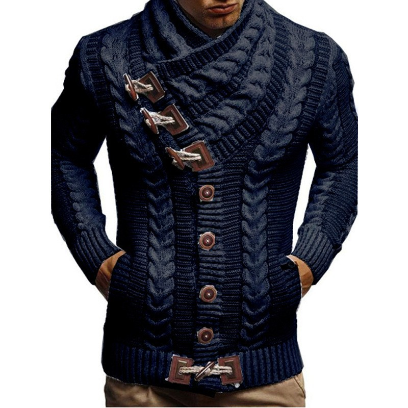 Autumn and Winter New High Collar Cow Horn Leather Button Sweater Men's Knitted Cardigan Top Clothes_voghion.com