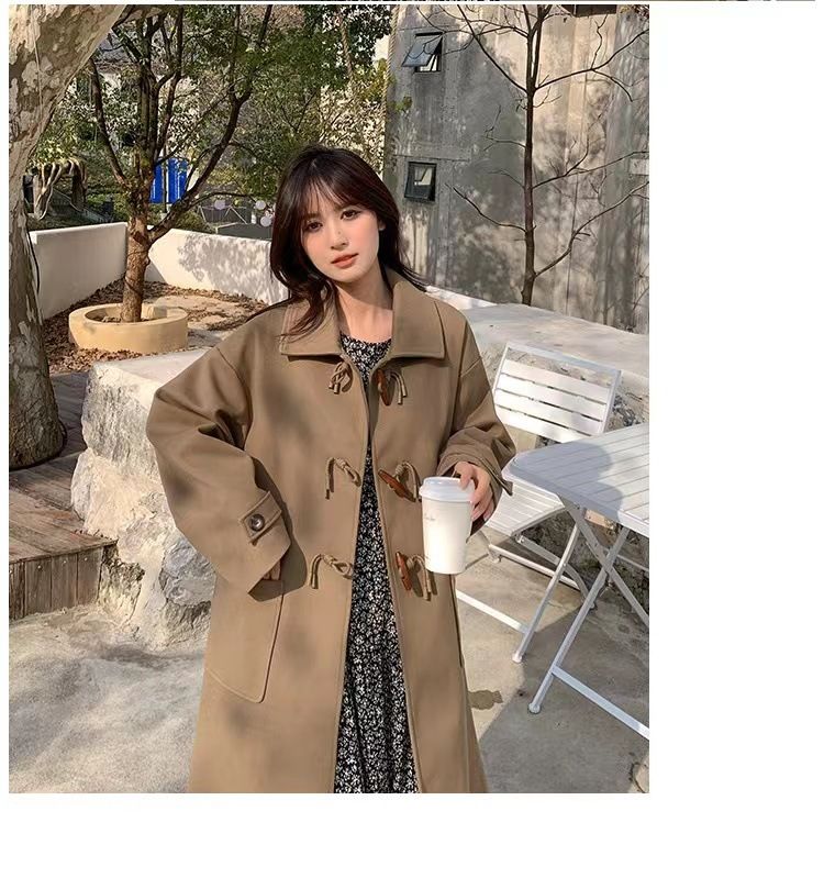 Women's woolen coat with horn buckle, autumn and winter 2023 New woolen coat, small mid-length Hepburn trendy_voghion.com