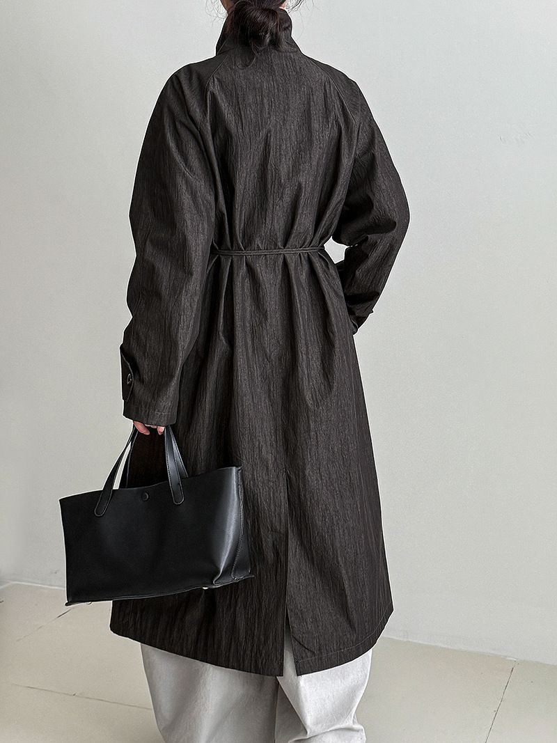 Minimalist British Style Trench Coat For Women, Long Sleeve Belted Duster Coat, Oversized Lapel Casual Overcoat In Beige & Denim Black_voghion.com