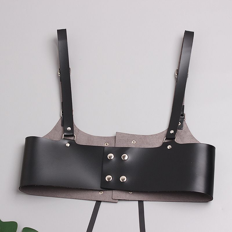 Dames leren harnas vest riem vrouwelijke zwarte strik schouderband_voghion.com