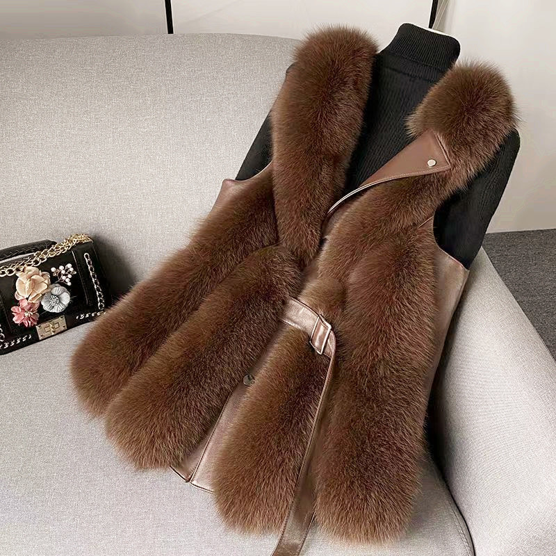 Damenmode Herbst-Winter neue Nachahmung Fuchshaarweste Damen mittlerer Länge_voghion.com