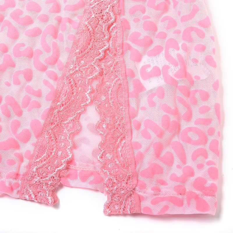 European And American Sexy Pink Leopard Print Perspective Mesh Tight Nightdress Suspender Pajamas Thong Women's Underwear Set_voghion.com