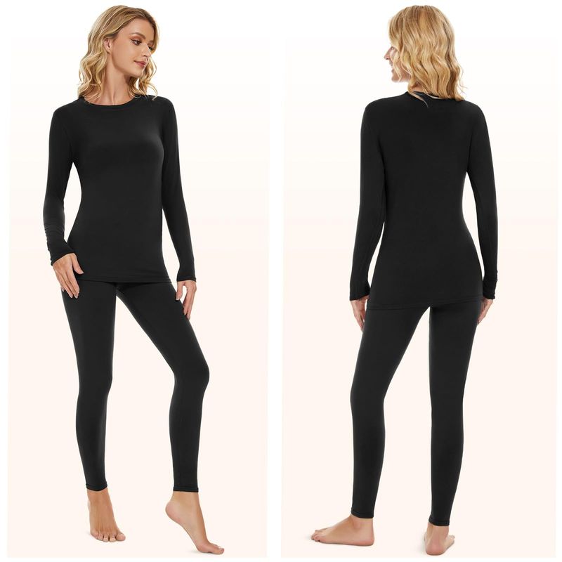 Conjunto de roupa íntima térmica feminina com forro de lã - Top e calça de camada de base para aquecimento de inverno - Macio e respirável - Preto (P/M/G/GG)_voghion.com
