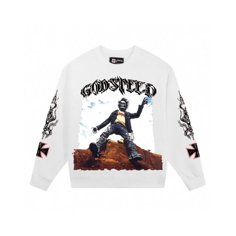 Felpa girocollo unisex con stampa teschio Godspeed in cotone, stile hip hop, manica lunga, alla moda_voghion.com