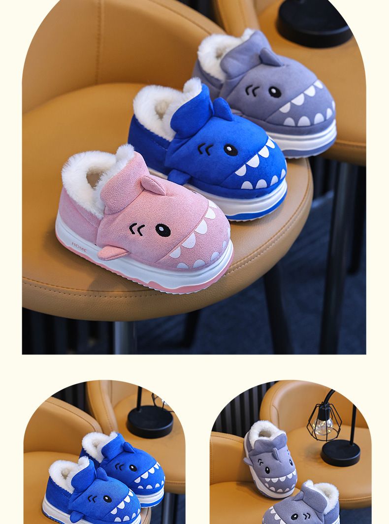 Pantofole per bambini per ragazzi in inverno 2024, nuovo antiscivolo carino squalo bambina con tacco a sacco in peluche e caldo cotone_voghion.com