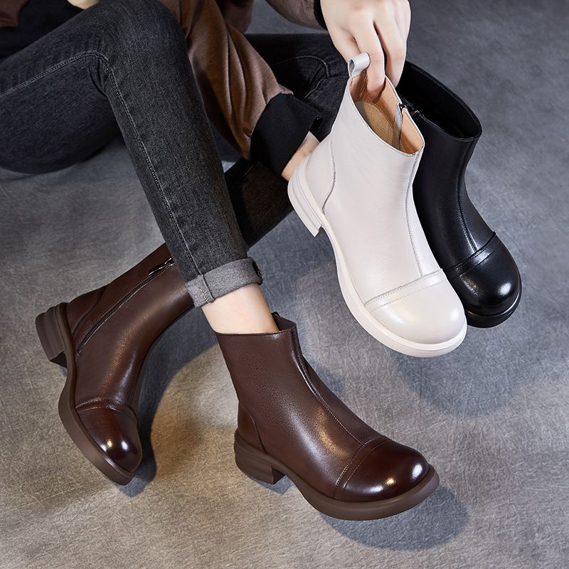 Französisch Stil Kurze Für Frauen 2024 Herbst Winter Neue Echtem Leder Dicke Sohle Mode Schlanke Bare Stiefel_voghion.com