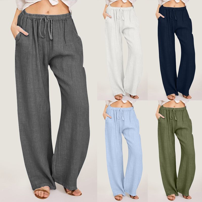 Pantaloni alla caviglia larghi in lino e cotone elasticizzato, alla moda, da donna, alla moda, estivi, casual, tinta unita_voghion.com