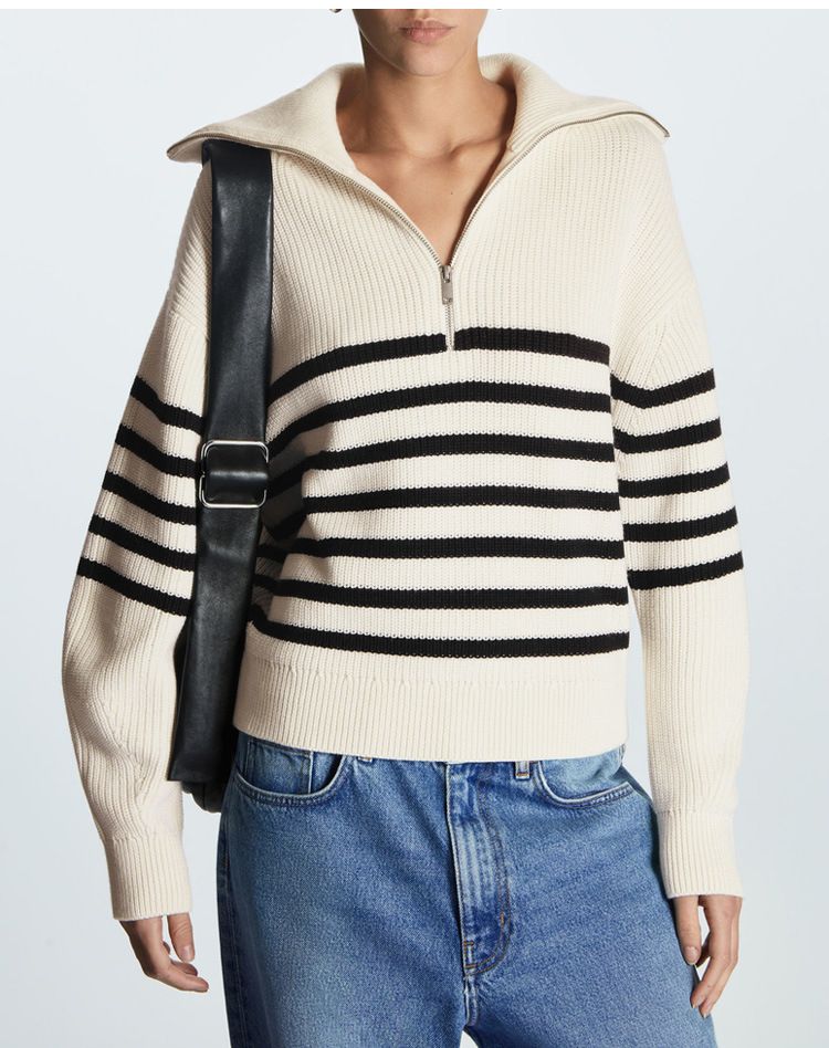Lapel Striped Sweater Women's Pullover Zipper Knitted Sweater Women's_voghion.com