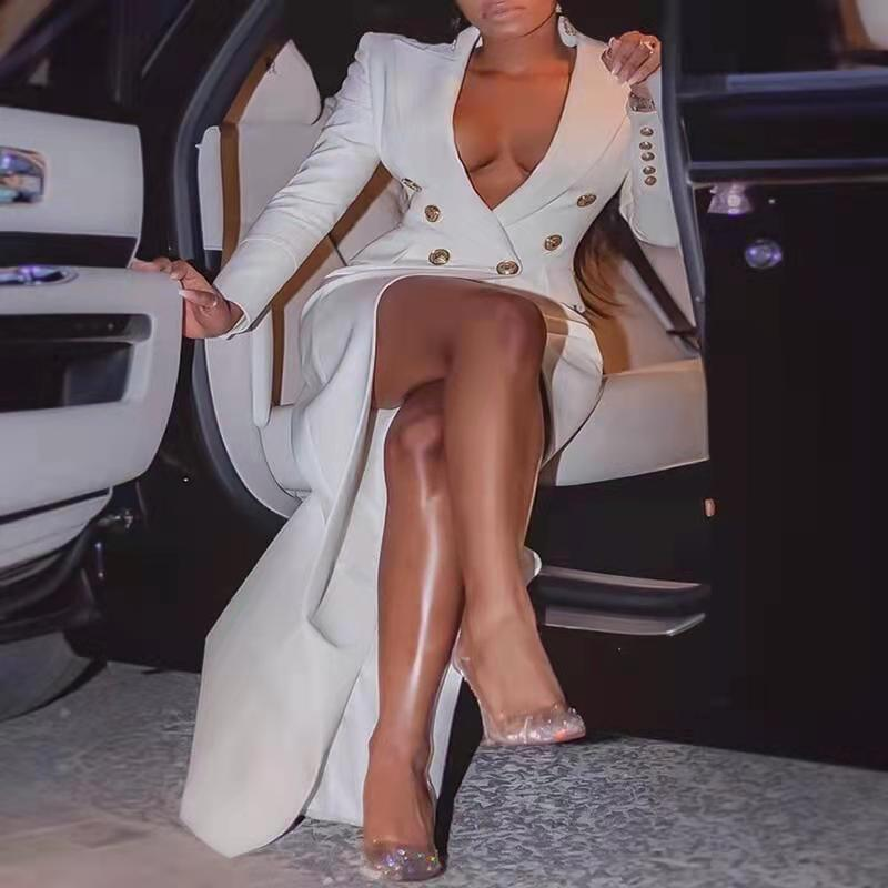 Eleganckie damskie marynarki garnitury z długim rękawem guziki kopertowa kurtka Maxi płaszcz klasyczna moda biurowa dama X-długa marynarka_voghion.com