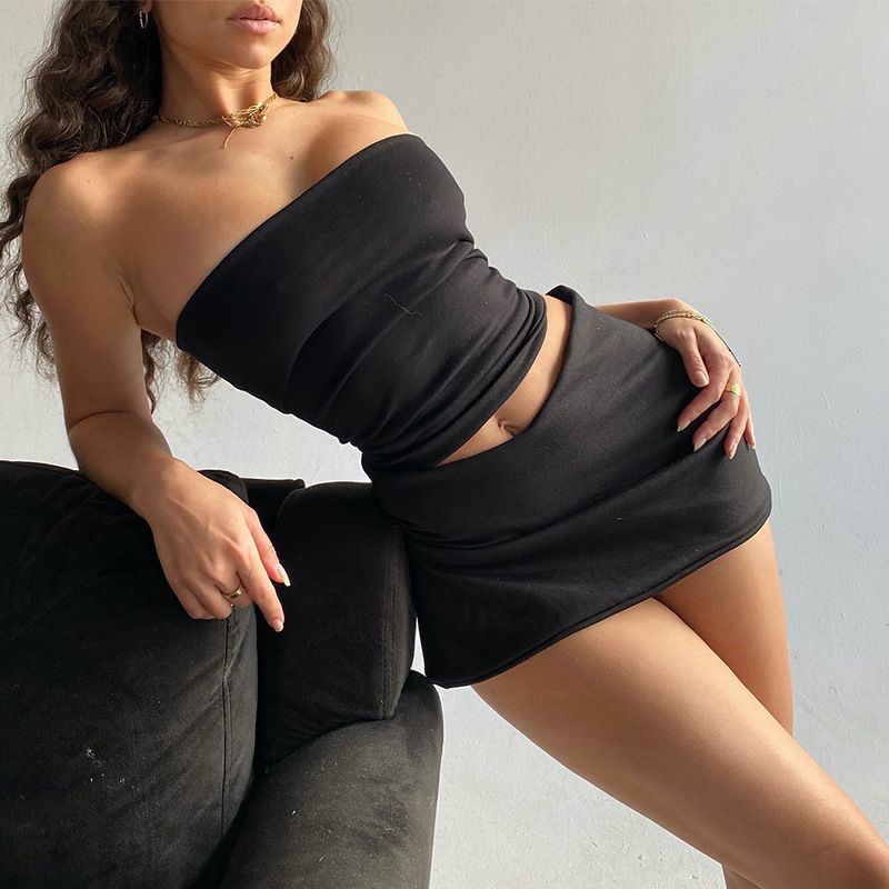 Women's Fashion Casual One Line Bra Slim Fit Short Half Skirt Set_voghion.com