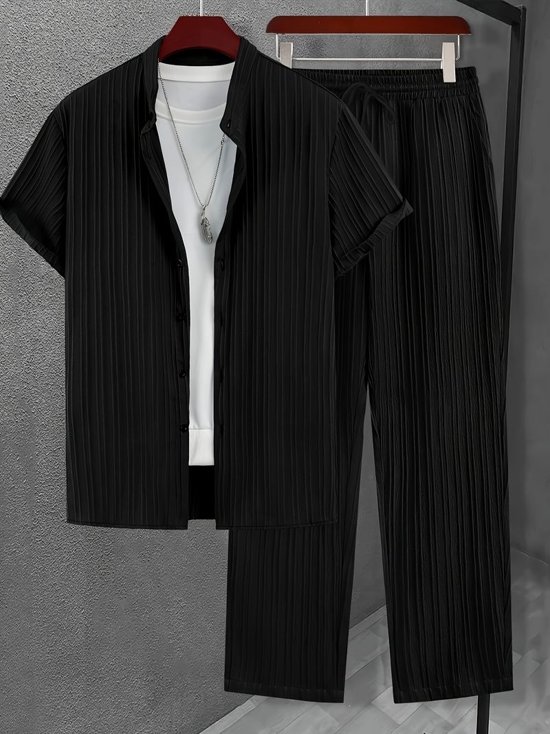 Costum casual pentru bărbați, la modă, cu dungi texturate și valuri, cu mânecă scurtă, pantaloni lungi_voghion.com