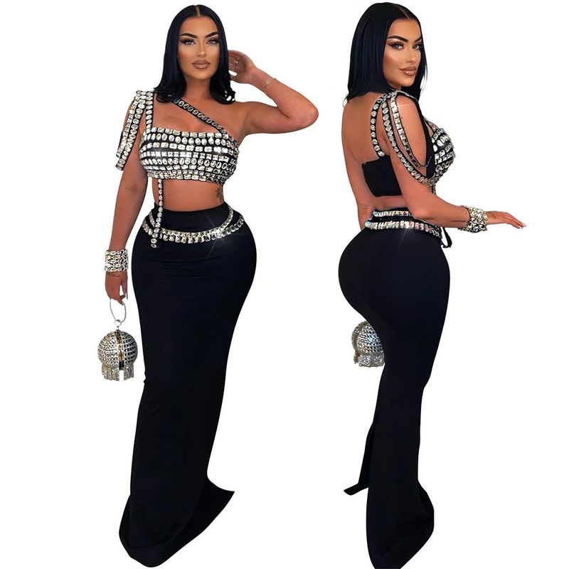 Damenbekleidung Neue einfarbige Bauchnabel-freie Hot Diamond Off Shoulder Tube Top Weste Halblanger Rockanzug_voghion.com