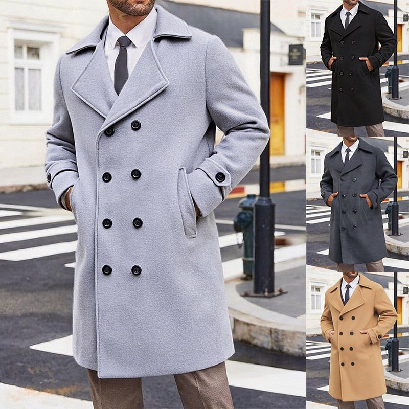 Autumn Winter New Men's Trench Coat Jacket Double-Breasted Mid-Length Woolen Overcoat_voghion.com