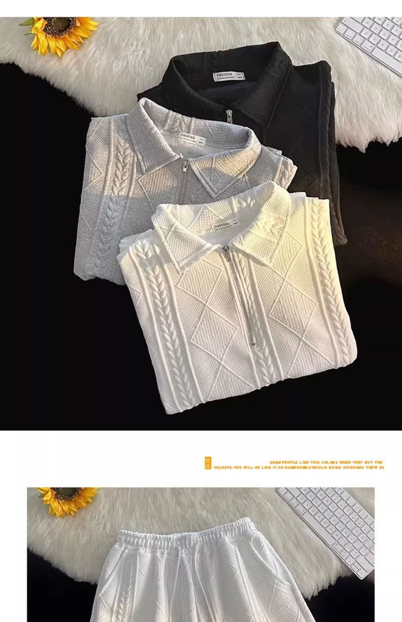 Wafelpoloshirt herenshorts set met zomers trendy los T-shirt met korte mouwen, casual shorts_voghion.com