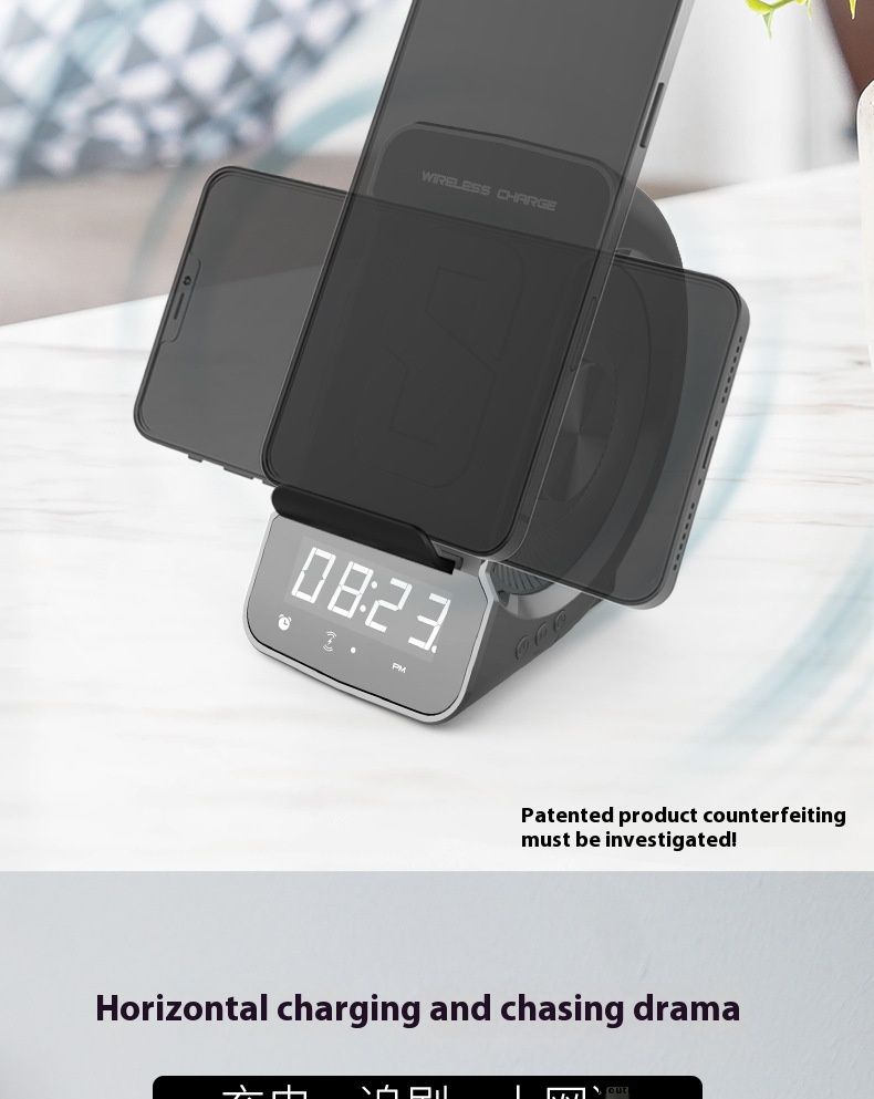 Privat modell tre-i-ett sengehodelader Vekkerklokke Trådløs lading Bluetooth-høyttaler_voghion.com