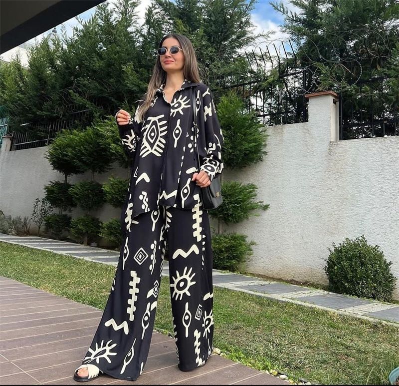 Abbigliamento da donna spot abbigliamento da donna 2024 nuova moda top larghi stampati con lacci pantaloni a vita alta gamba larga set due pezzi_voghion.com