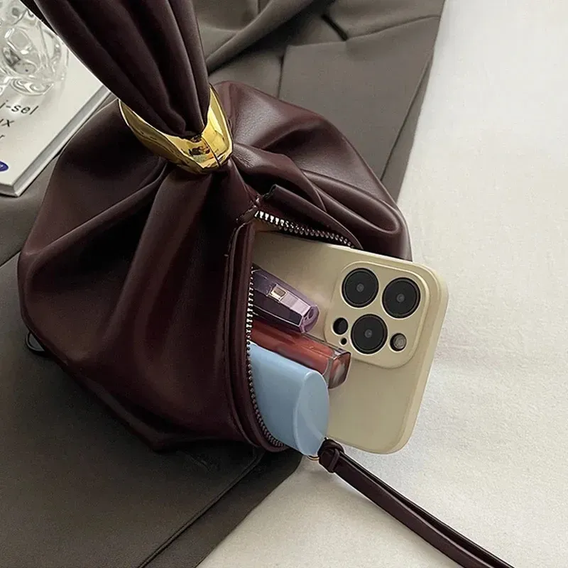 Personalized Soft Leather Clutch Bag Women Pleated Mini Bucket Pouch Temperament Side Zipper Party Evening Bags 250314l_voghion.com