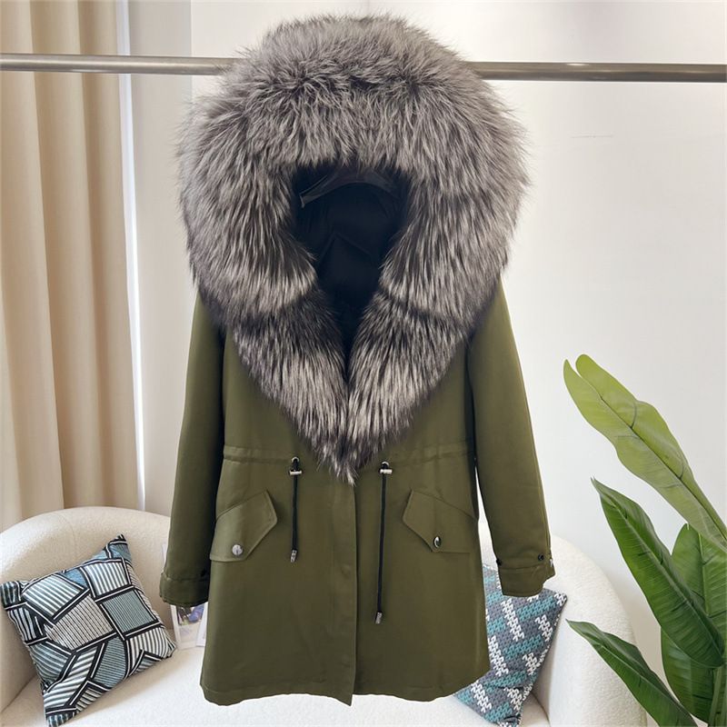 Damenbekleidung Abnehmbarer Parka aus Fuchspelz Mittellanger Kapuzenmantel_voghion.com