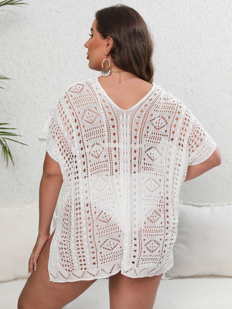 Women's bikini cover-up large size women's woven shirt hollow deep V beach dress_voghion.com