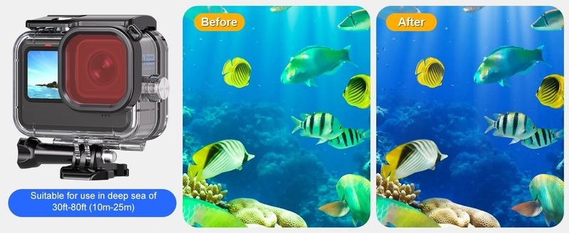 Wasserdichtes Gehäuse, 3er-Pack Filter, kompatibel mit Gopro Hero 13 12 11 10 9, Schwarz, 70 m Unterwasser-Schutzgehäuse, Tauchset_voghion.com
