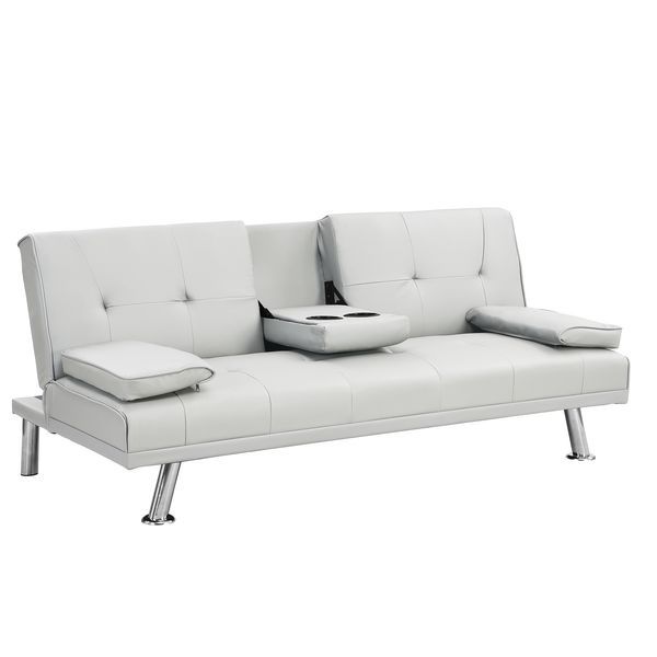 Sofa Bed With Armrest Two Holders WOOD FRAME, STAINLESS LEG, FUTON WHITE PVC_voghion.com