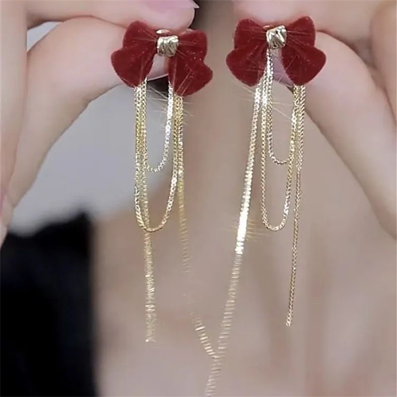 Red Bow Long Tassel For Women With A High-end Feel, Celebrating And Making The Bride's Face Look Slimmer. New Year Earrings_voghion.com
