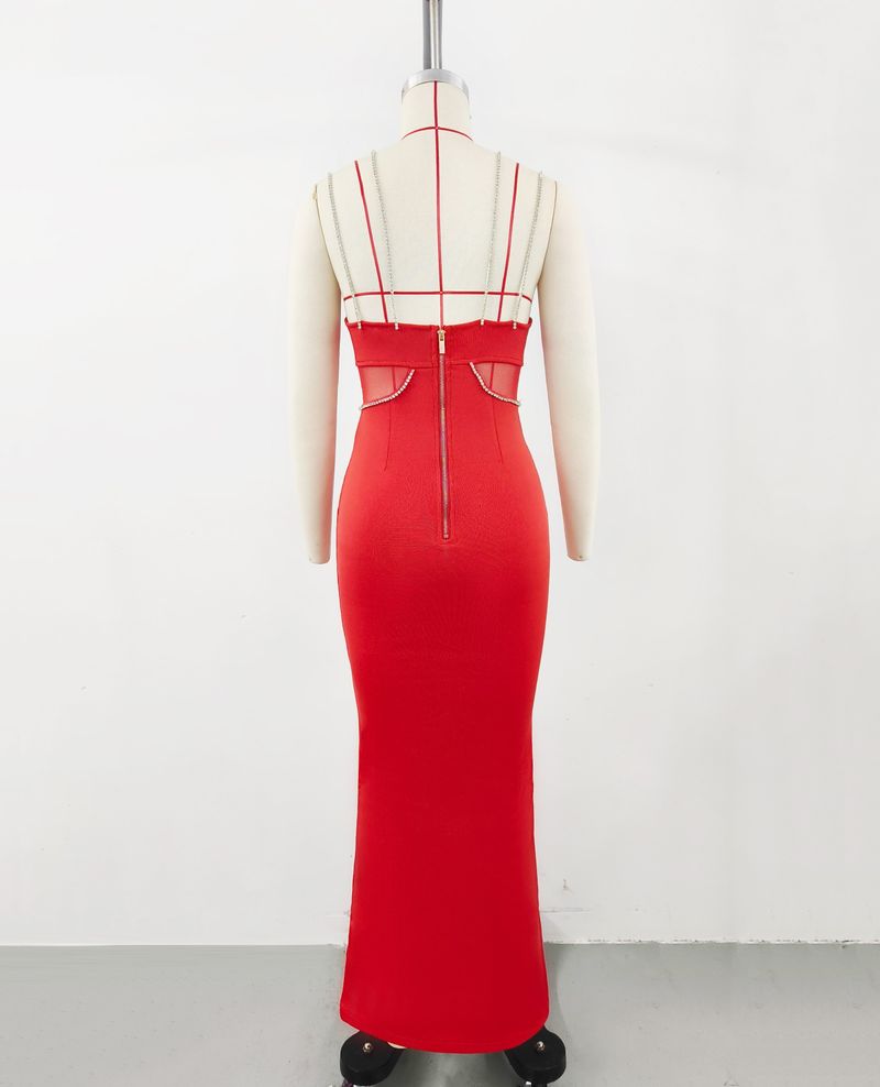 Elegante abito francese con fasciatura e spalline in strass - Abito lungo formale aderente per donna, abito da sera aderente a vita alta_voghion.com