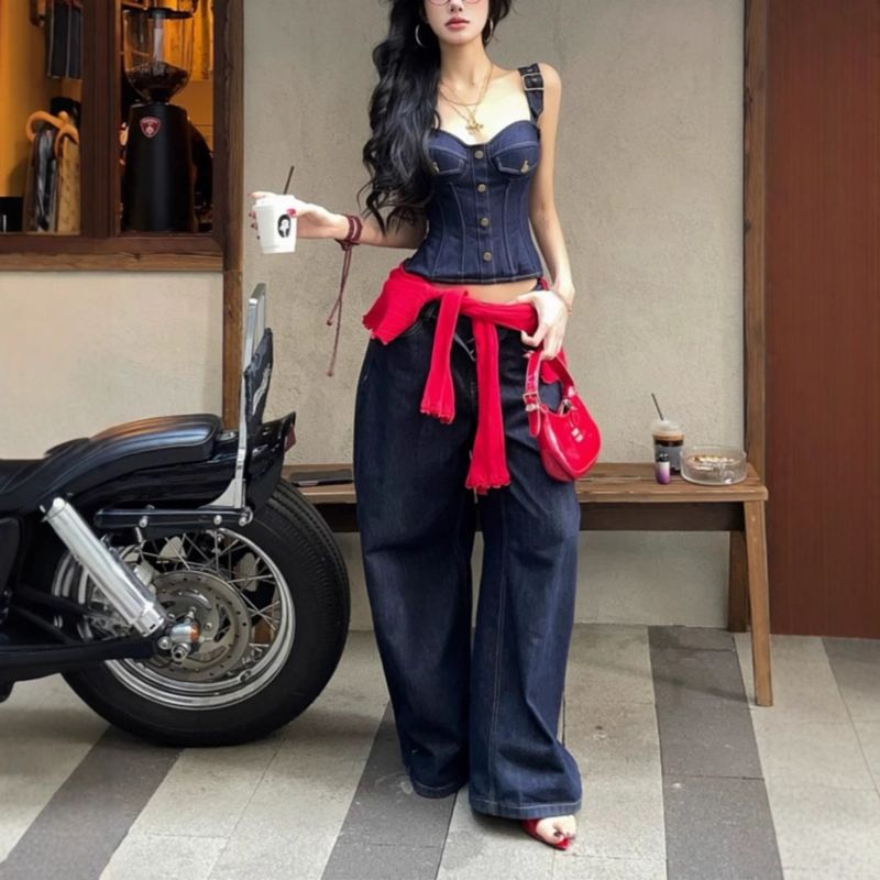 Ensemble deux pièces en jean et haut bustier en arête de poisson pour femme, collection printemps 2025_voghion.com