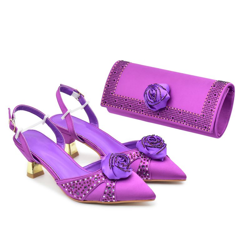 New Solid Color Three-dimensional Applique Decorative Middle Heel Pointed Shoes With Dinner Bag Set_voghion.com