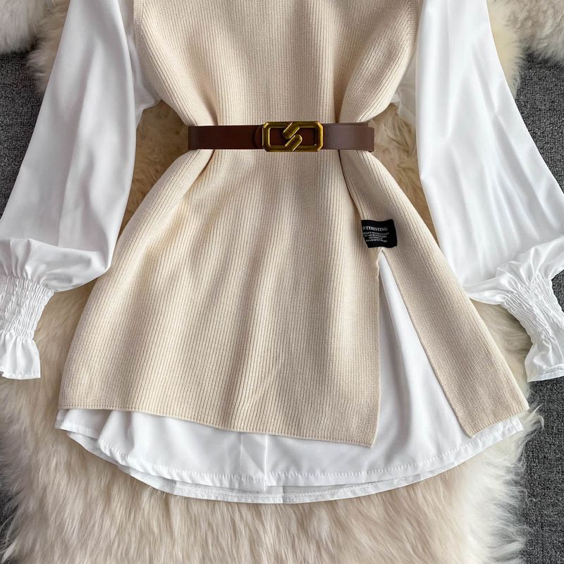 K Long-sleeved Suit With White Shirt, Sweater, Waistcoat, Age-reducing Loose Knitted Vest, Two-piece Set For Women_voghion.com