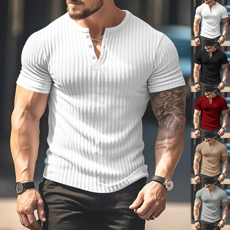 Solid Color Men's New Summer Versatile Short Sleeved Henley Shirt Casual Knitted T-shirt_voghion.com