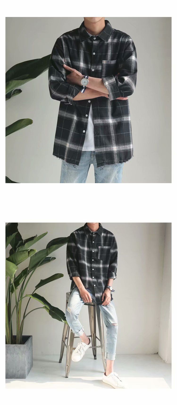 Spring and Autumn Checkered Long Sleeve Trendy Korean Version Loose New Ins Hong Kong Style Men's Robe Handsome Shirt_voghion.com