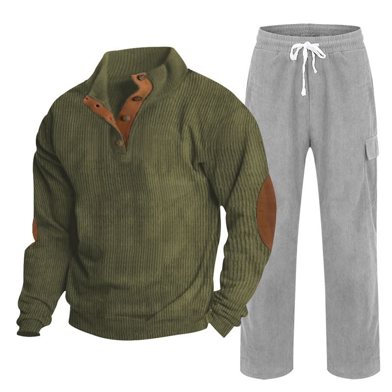 Neue Herbst- und Wintersportbekleidung für Herren, zweiteiliger Cord-Knopf Henry und gerade Hose, Freizeitanzug_voghion.com
