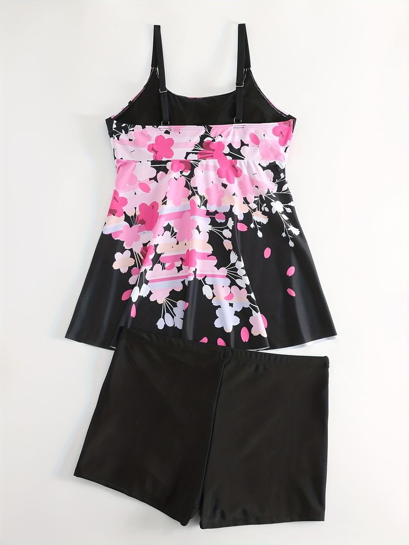 Plus Size Vacay Swimsuit Set, Women's Plus Floral Print Tank Top & Shorts High Stretch Swimsuit 2pcs Set, Women Plus Size Two Piece Set_voghion.com