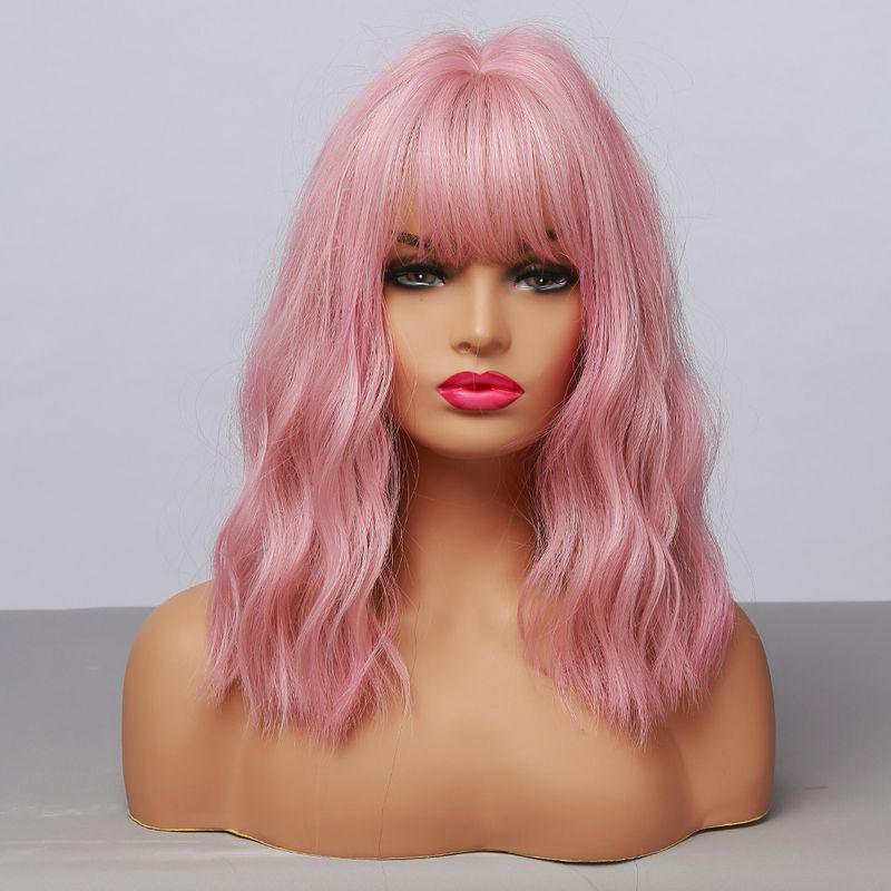 HAIRCUBE parrucca sintetica ondulata con frangia caschetto corto parrucche rosa parrucca riccia ondulata lunghezza spalle parrucca Cosplay parrucca colorata quotidiana_voghion.com