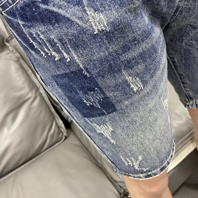 Vintage Light Blue Labeled Men's Denim Shorts - Slim Fit Stretch Summer Casual Shorts With Distressed Wash_voghion.com
