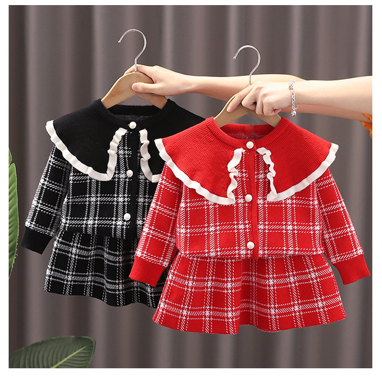 Pull fille 2022 automne/hiver nouveau tricot deux pièces fille tendance polo cardigan rouge ensemble jupe_voghion.com